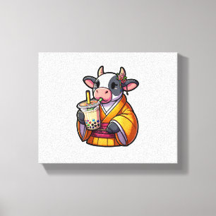 Cow Drinking Bubble Tea Japanese Kimono  Canvas Print