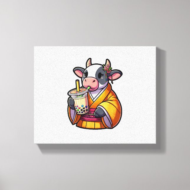 Cow Drinking Bubble Tea Japanese Kimono  Canvas Print (Front)