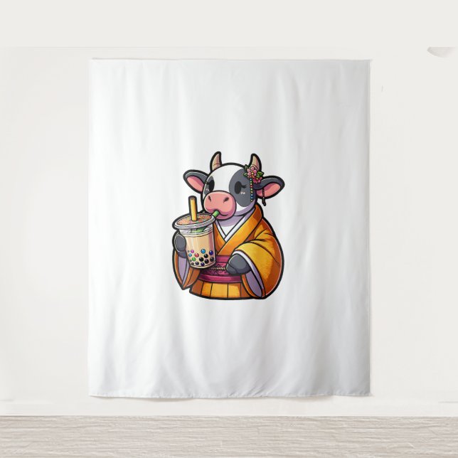 Cow Drinking Bubble Tea Japanese Kimono  Tapestry (Front)
