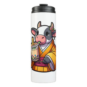 Cow Drinking Bubble Tea Japanese Kimono  Thermal Tumbler