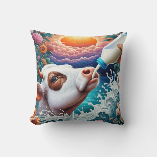 Cow drinking milk throw pillow (Front)