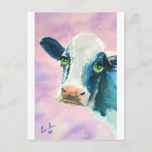 Cow face with green eyes watercolor painting postcard