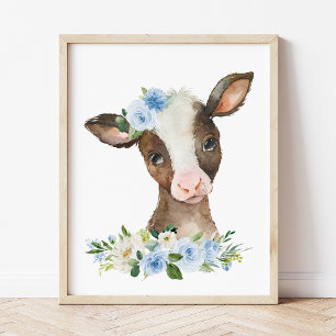 Cow, Farm Animals, Barn, Blue Flowers, Boy Nursery Poster
