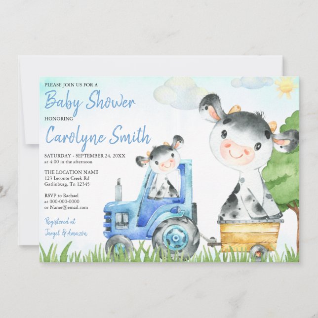 Cow Farm Baby Shower Invitation Boy (Front)