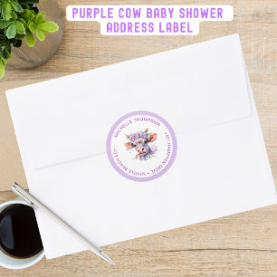 Cow Floral Purple Baby Shower Address Classic Round Sticker