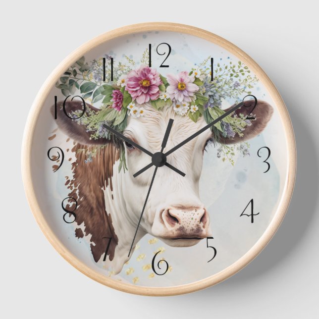Cow Floral Watercolor Clock (Front)