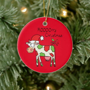 Cow Funny Cartoon Christmas Holiday Ceramic Ornament