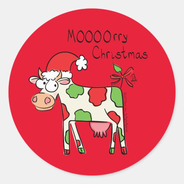 Cow Funny Cartoon Christmas Holiday Classic Round Sticker (Front)