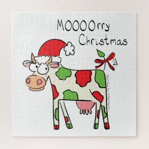 Cow Funny Cartoon Christmas Holiday Jigsaw Puzzle