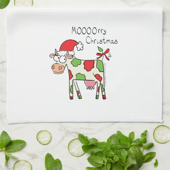 Cow Funny Cartoon Christmas Holiday Kitchen Towel (Folded)