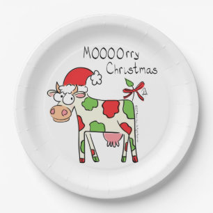 Cow Funny Cartoon Christmas Holiday Paper Plate