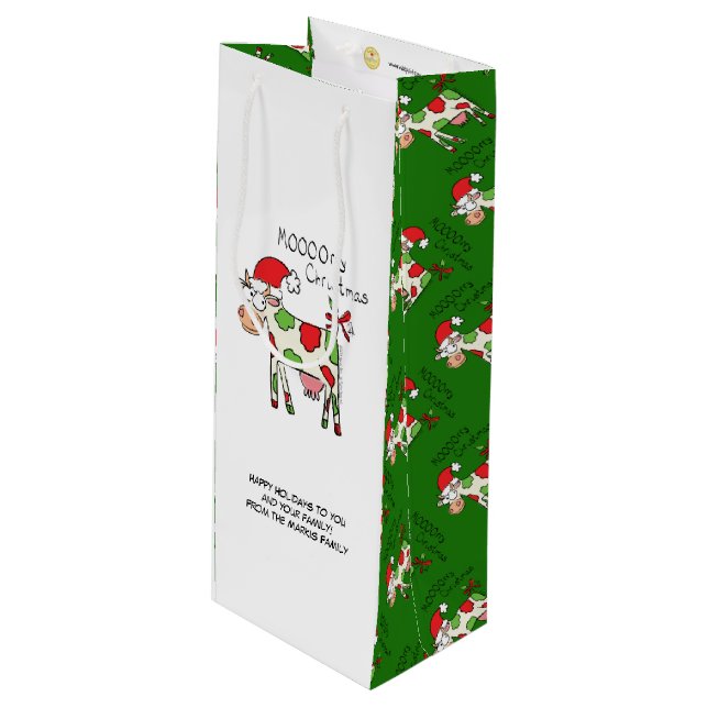 Cow Funny Cartoon Christmas Holiday Wine Gift Bag (Front Angled)