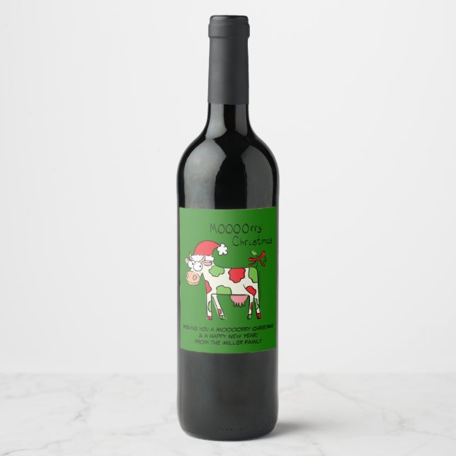 Cow Funny Cartoon Christmas Holiday Wine Gift Wine Label (Front)