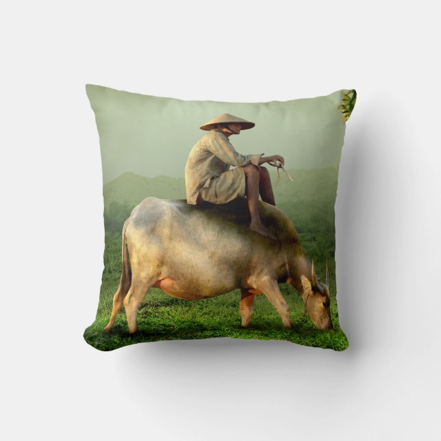 Cow Grazing with Farmer in a Scenic Pasture Throw Pillow (Front)