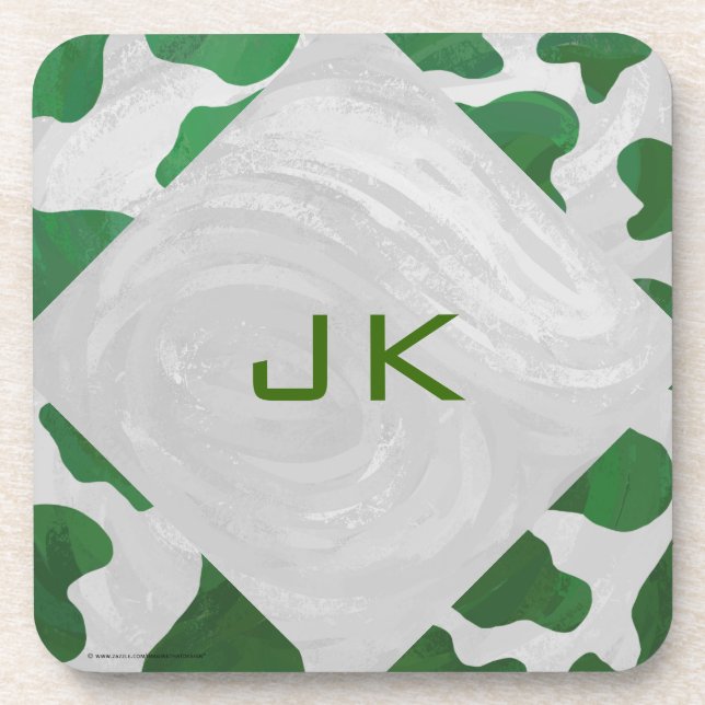 Cow Green and White Monogram Coaster (Front)