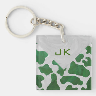 Cow Green and White Monogram Keychain