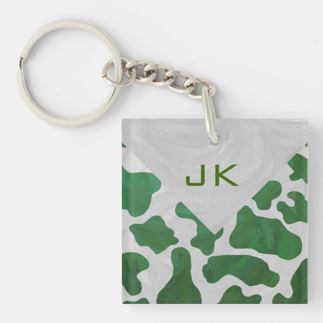 Cow Green and White Monogram Keychain (Front)