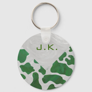 Cow Green and White Monogram Keychain