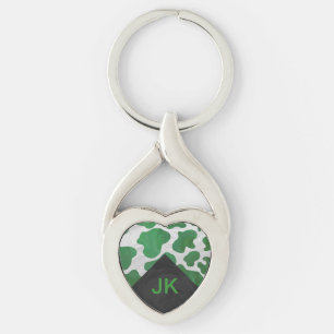 Cow Green and White Monogram Keychain