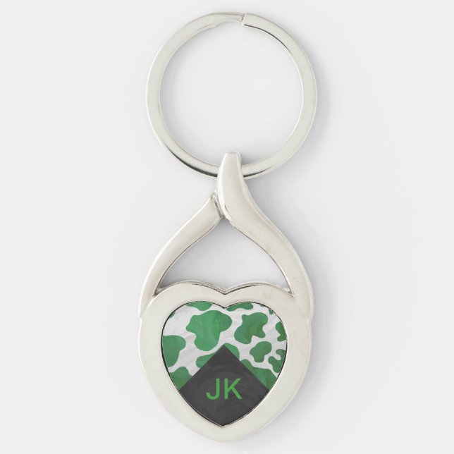 Cow Green and White Monogram Keychain (Front)
