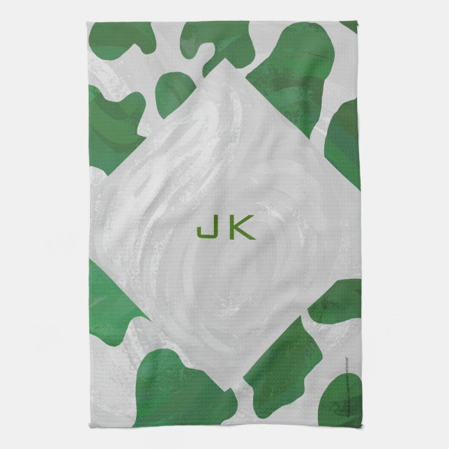 Cow Green and White Monogram Kitchen Towel (Vertical)