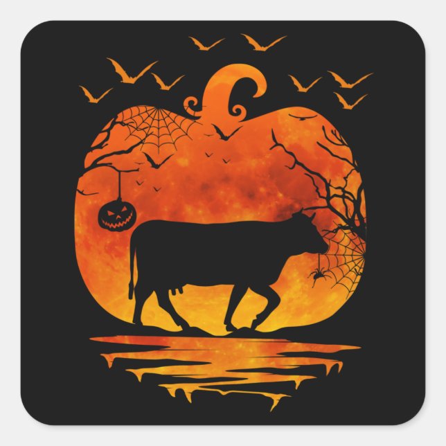 COW HALLOWEEN COSTUME PUMPKIN FALL SEASON SQUARE STICKER (Front)