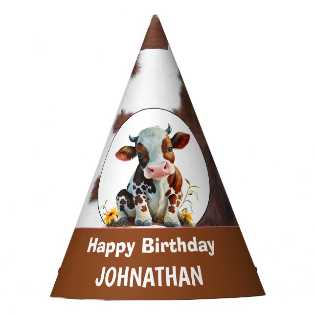 Cow Happy Birthday Brown and White Party Hat (Front)