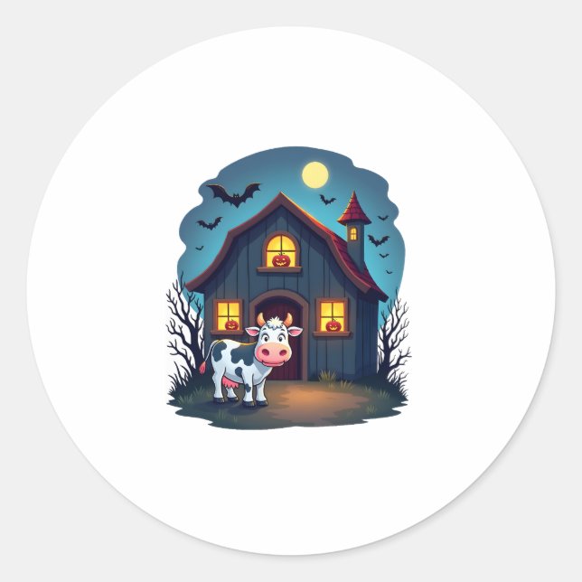Cow & Haunted Barn Classic Round Sticker (Front)