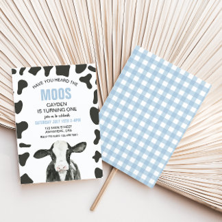 Cow Have you Heard Moos blue Plaid Birthday Invitation