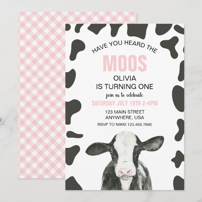 Cow Have you Heard Moos pink Plaid Birthday Invitation (Front/Back)