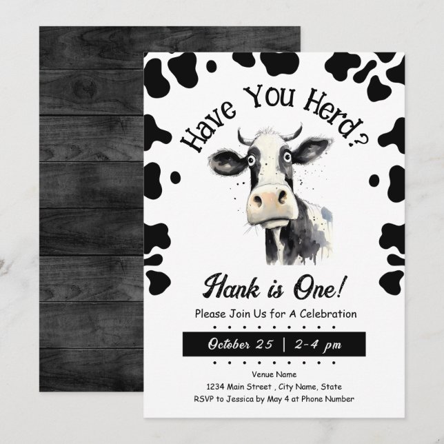 Cow Have You Herd 1st Birthday Watercolor Invitation (Front/Back)