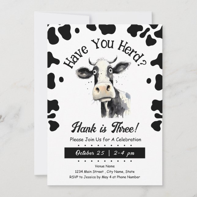 Cow Have You Herd 3rd Birthday Watercolor Invitat Invitation (Front)