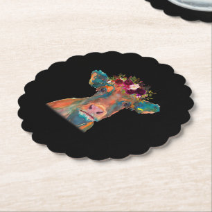 Cow Head Face Colourful Watercolor Cow Gifts Paper Coaster