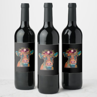 Cow Head Face Colourful Watercolor | Cow Gifts Wine Label