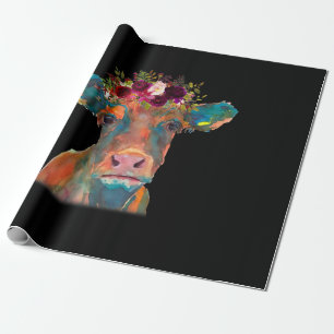 Cow Head Face Print Colourful Watercolor Floral Wrapping Paper