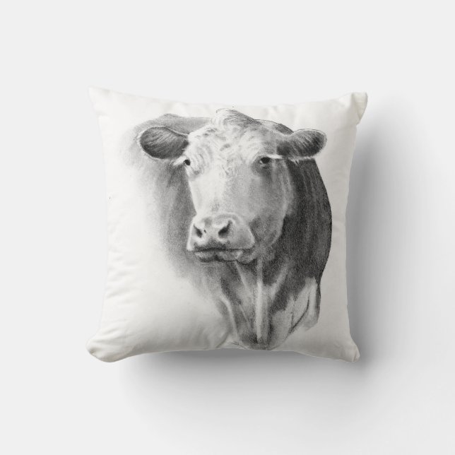 Cow Head in Pencil: Realism Art: Farm, Country Throw Pillow (Front)
