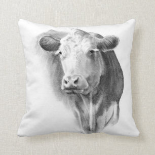 Cow Head in Pencil: Realism Art: Farm, Country Throw Pillow