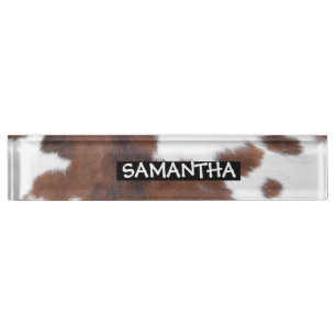 cow hide brown white desk name plate