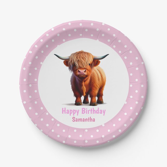 Cow Highland Pink Balloons  Poke Dots Paper Plate (Front)