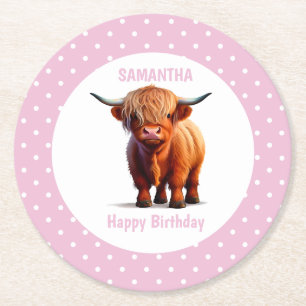 Cow highland PINK Round Paper Coaster