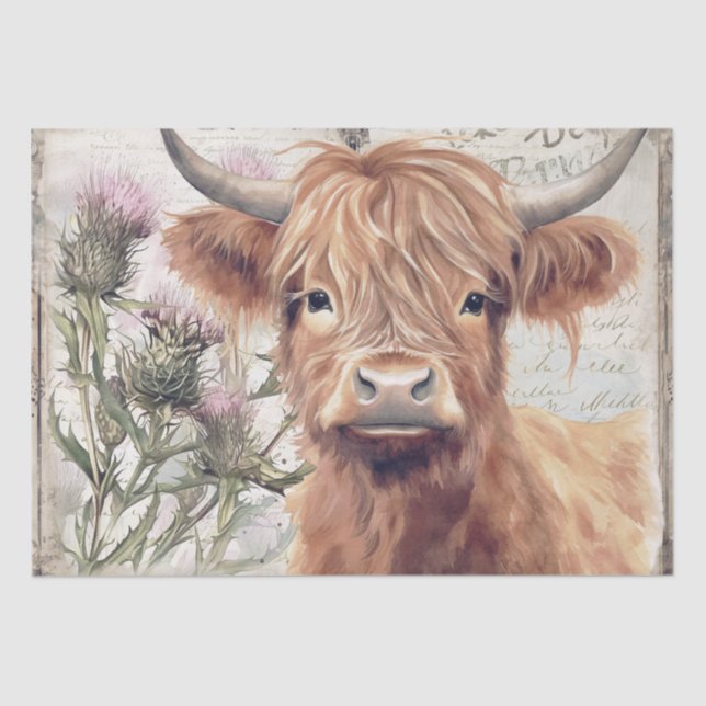Cow Highland Scotland Thistle Watercolor Tissue Paper (Front)