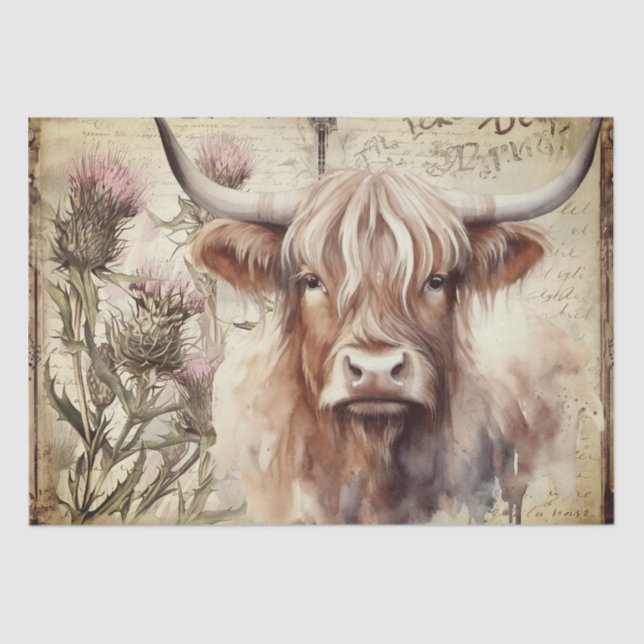Cow Highland Scotland Thistle Watercolor Tissue Paper (Front)