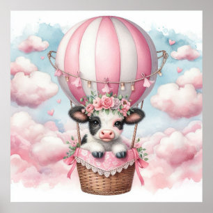 Cow Hot Air Balloon Girl Poster