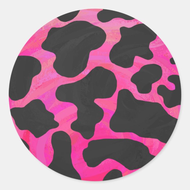 Cow Hot Pink and Black Print Classic Round Sticker (Front)