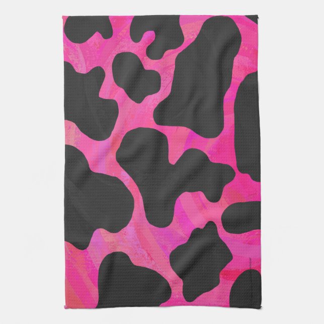 Cow Hot Pink and Black Print Kitchen Towel (Vertical)