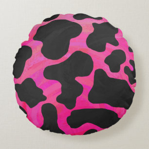 Cow Hot Pink and Black Print Round Pillow