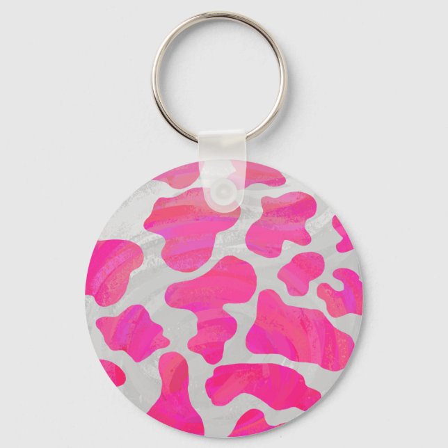 Cow Hot Pink and White Print Keychain (Front)