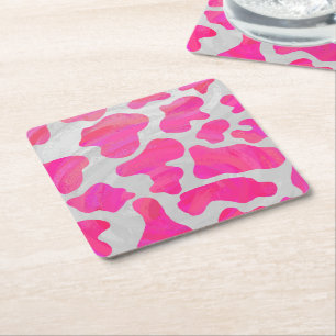 Cow Hot Pink and White Print Square Paper Coaster