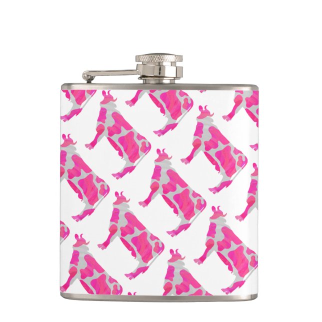 Cow Hot Pink and White Silhouette Hip Flask (Front)