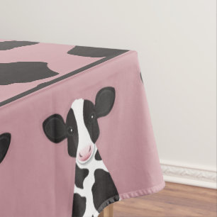 Cow Illustration Print Pink Farm Animal Tablecloth
